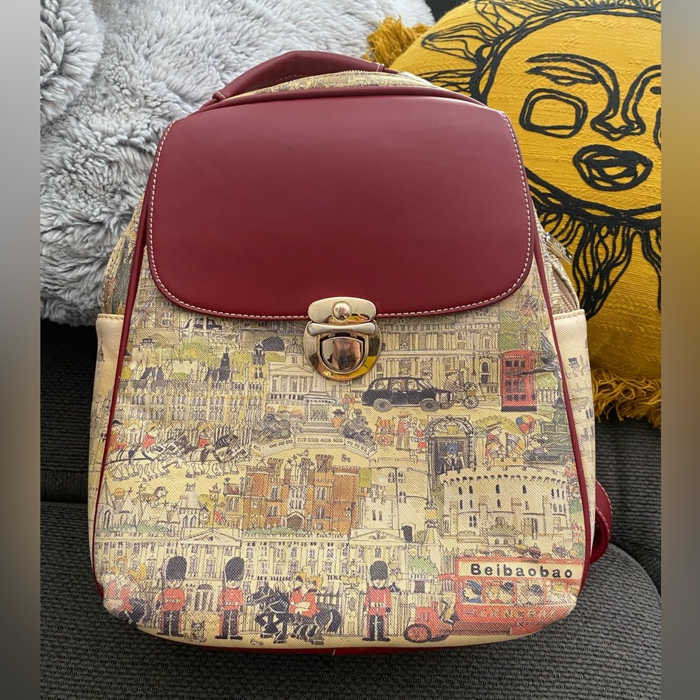 Beibaobao Red leather School Bookbag, London scenery, Gold buckle accent